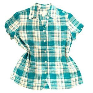 Christopher & Banks Linen Blend Plaid Short Sleeve Button Up Top Sz S #44F